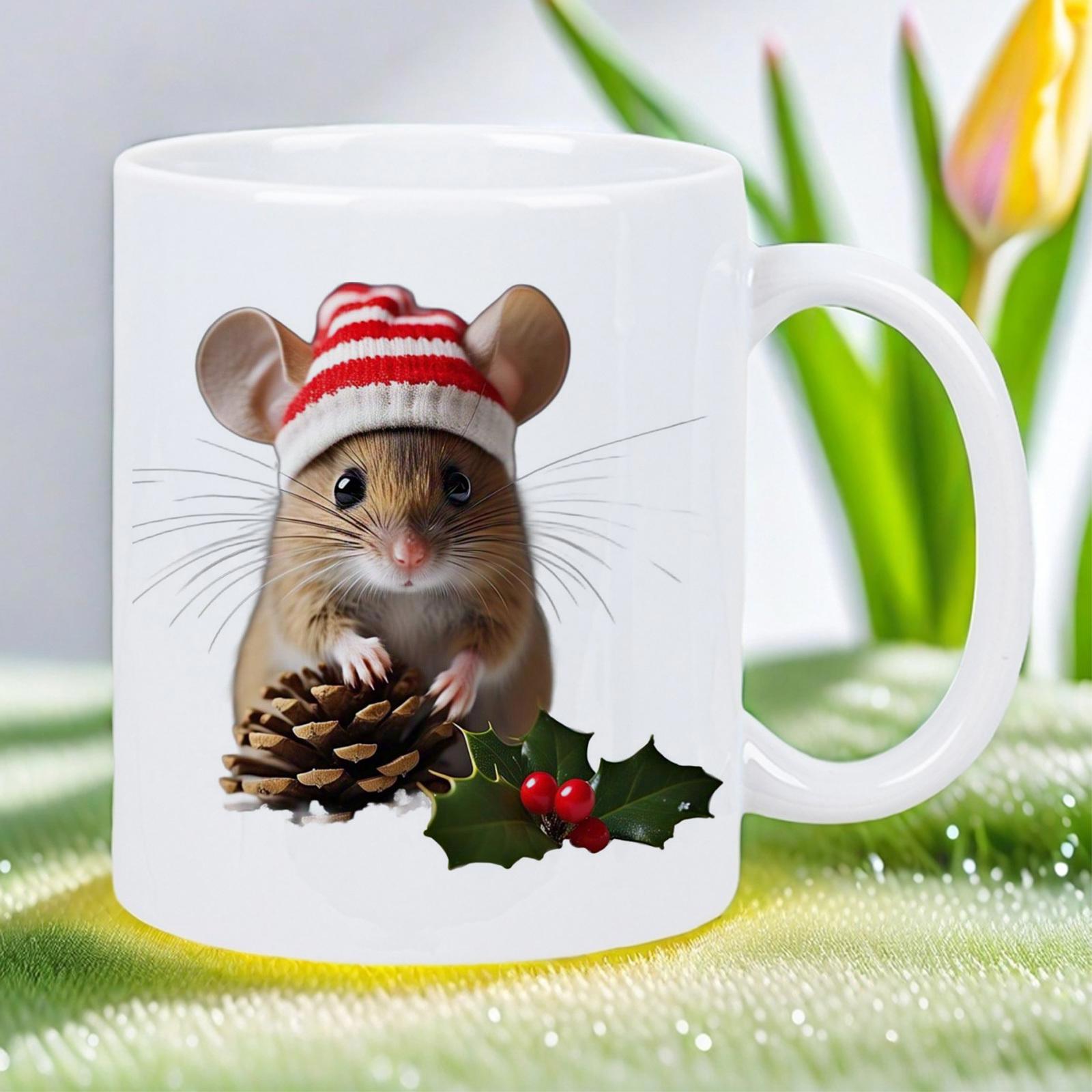 Tailorly White Ceramic 11 oz Mug - Adorable Festive Tiny Rodent Wearing Striped Knit Hat Holding Pinecone Among Holly Mouse