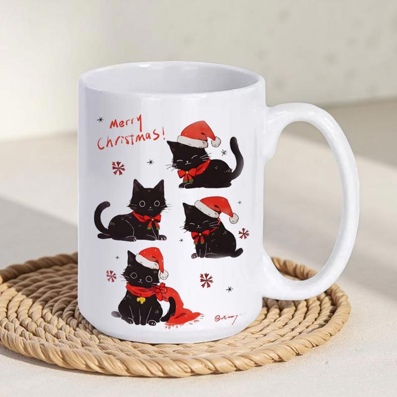 Tailorly White Ceramic 11 oz Mug - Merry Christmas Four Adorable Black Kittens Wearing Red Santa Hats And Scarves Cat