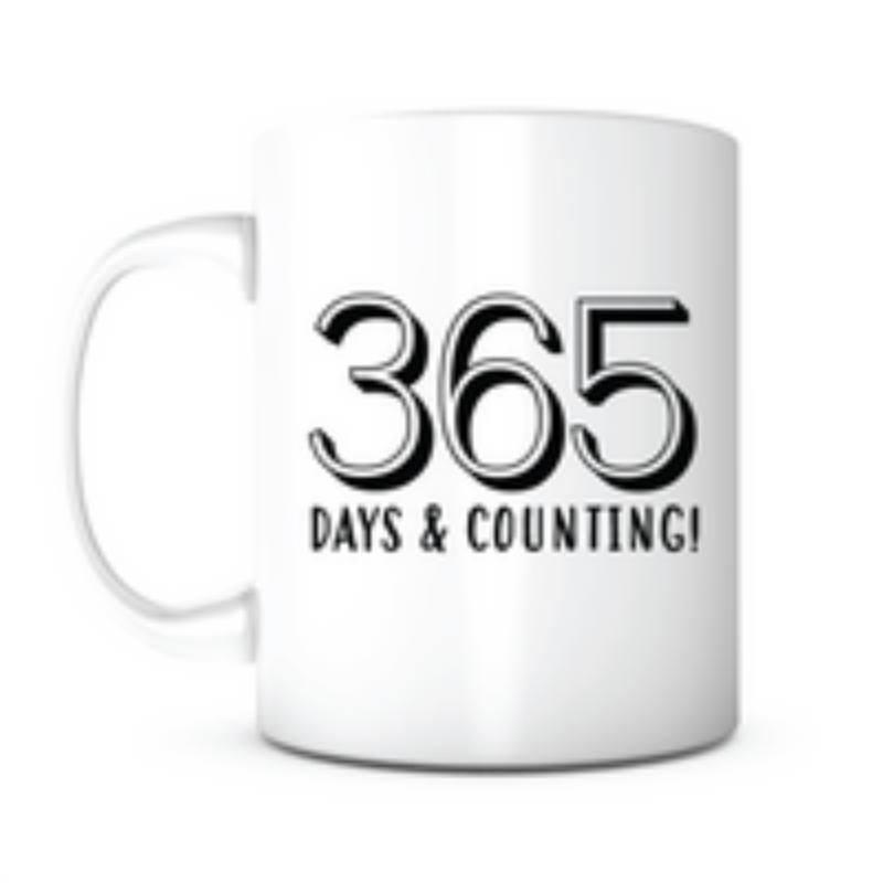 Tailorly White Ceramic 11 oz Mug - 365 Days And Counting Bold Shadowed Numbers With Minimalist Sans Serif Text Mug