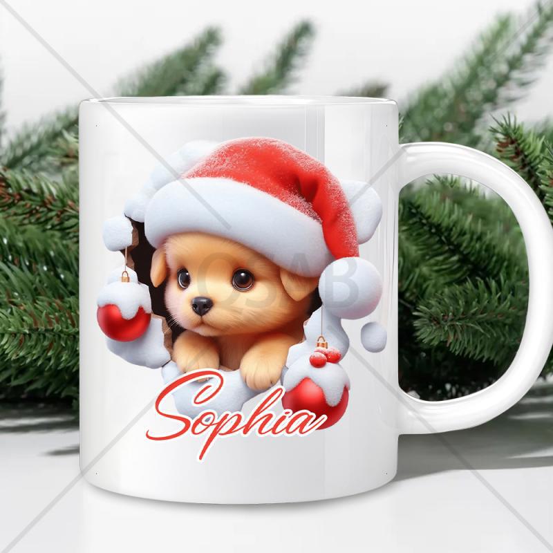 Tailorly White Ceramic 11 oz Mug - Sophia Cute Golden Furry Puppy Wearing Santa Hat Beside Red Christmas Ornaments Puppy