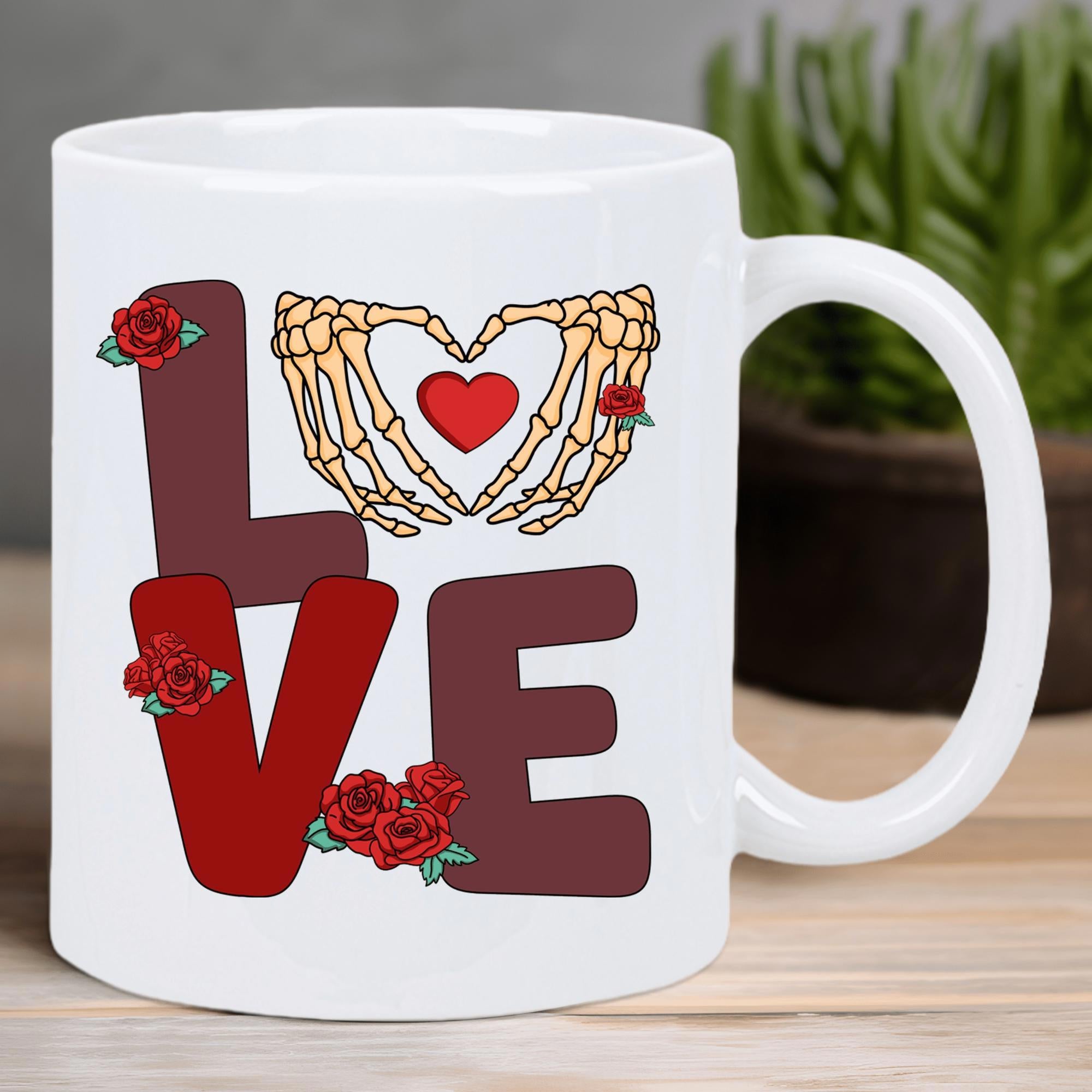 Tailorly White Ceramic 11 oz Mug - Love Romantic Skeletal Hands Forming Shape Decorated With Red Roses Floral Heart