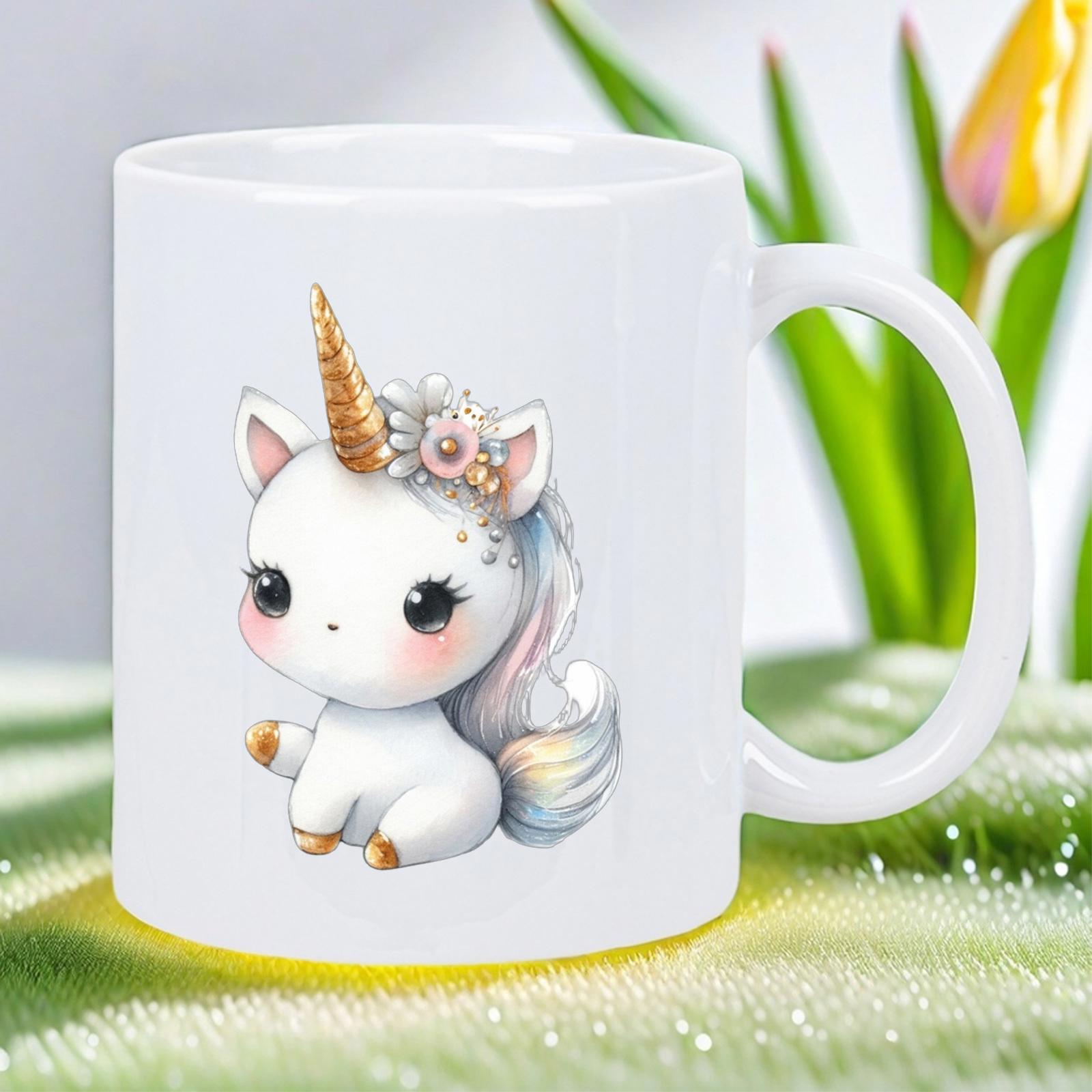 Tailorly White Ceramic 11 oz Mug - Chibi Style Magical Baby Unicorn Featuring Pastel Rainbow Mane Floral Unicorn