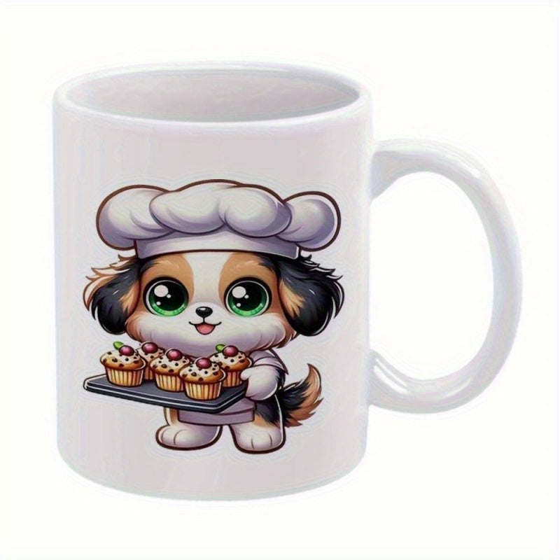 Tailorly White Ceramic 11 oz Mug - Adorable Cartoon Chef Holding A Tray Of Freshly Baked Sweet Cupcakes Puppy