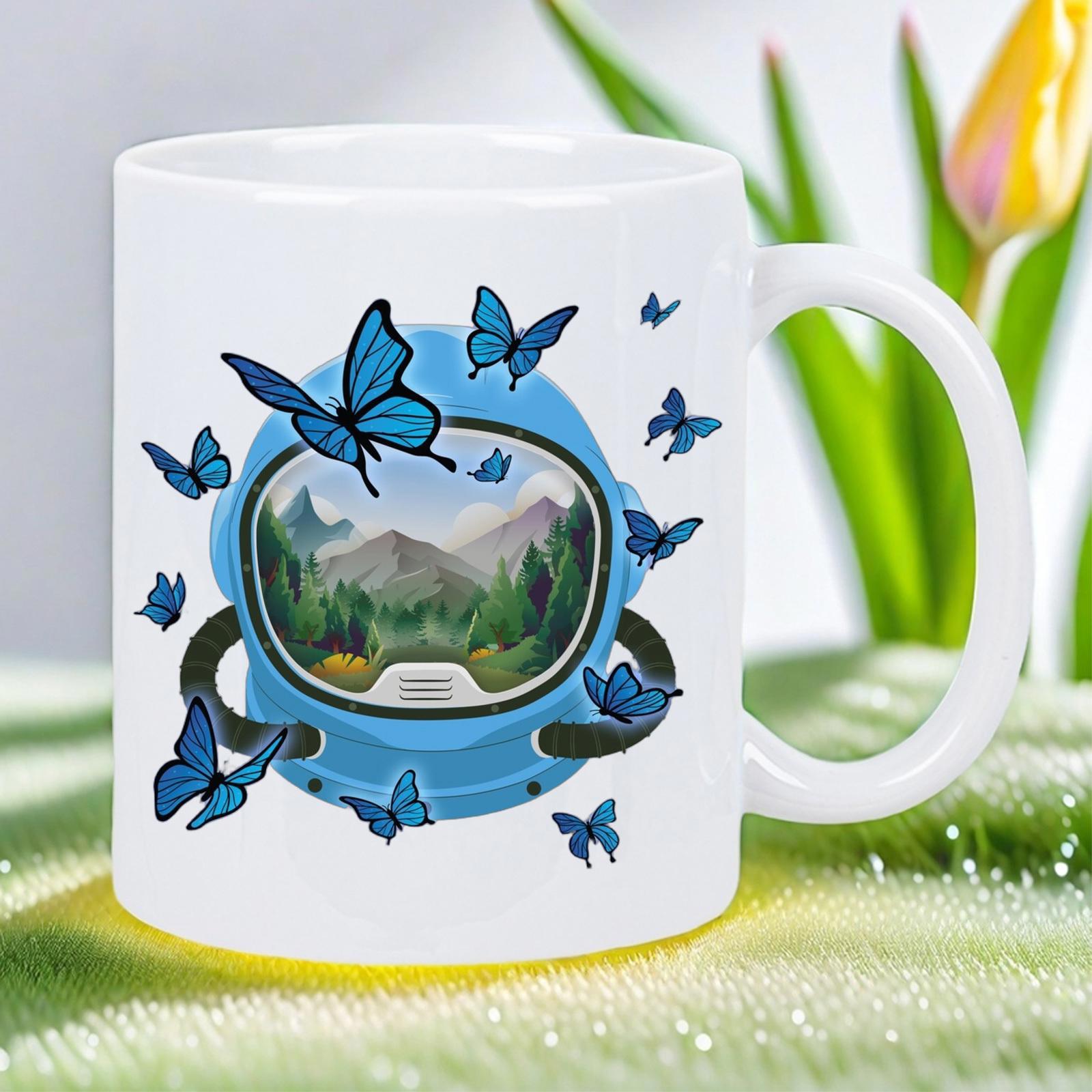Tailorly White Ceramic 11 oz Mug - Blue Wings Fluttering Around A Cosmic Helmet With Mountain Reflection Butterfly