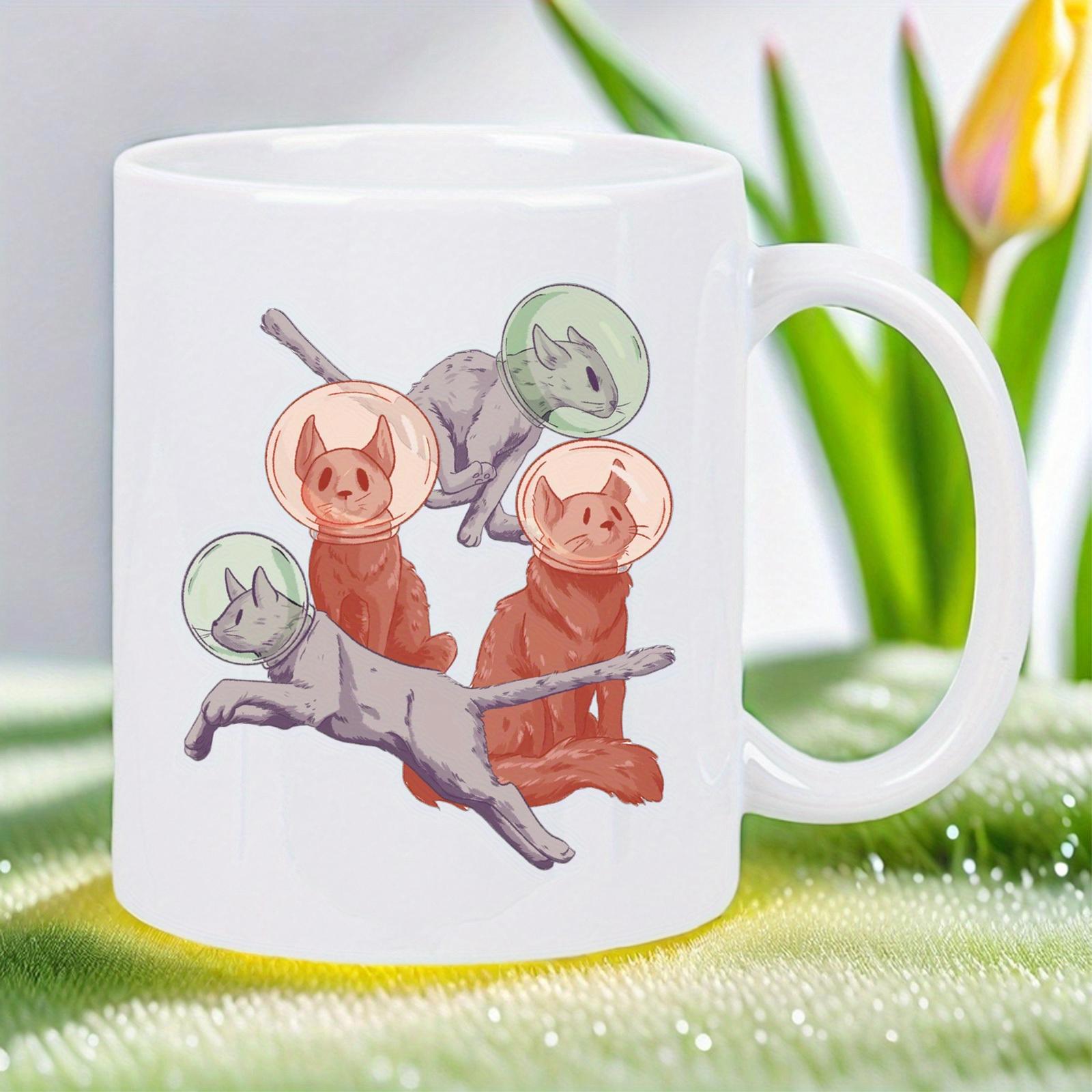 Tailorly White Ceramic 11 oz Mug - Whimsical Cartoon Space Explorer Feline Wearing Glass Helmets Sitting And Floating Cats