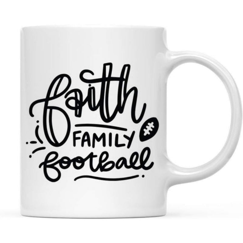 Tailorly White Ceramic 11 oz Mug - Faith Family Football Elegant Hand Lettered Script Design Featuring A Minimalist Decorative Sporting Football