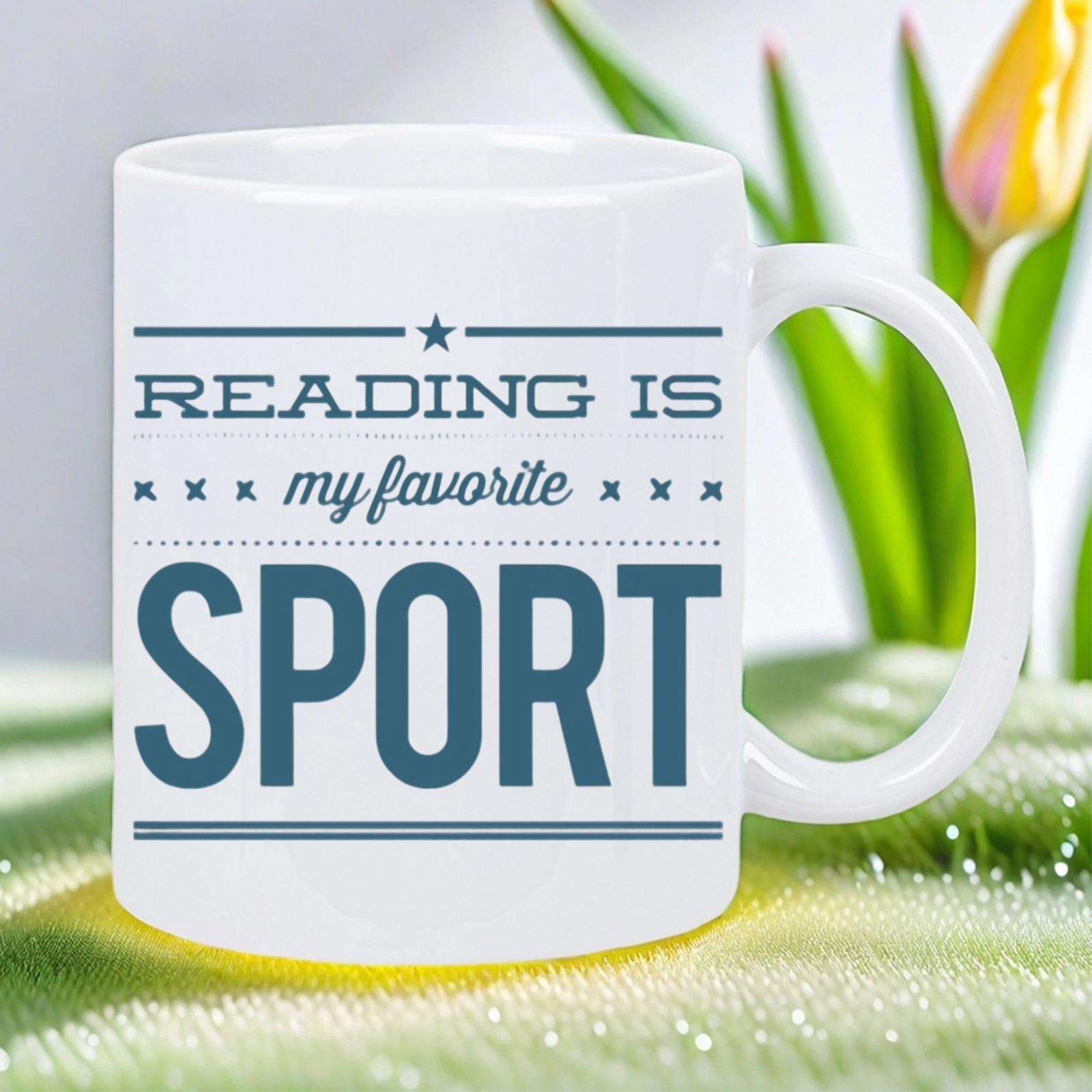 Tailorly White Ceramic 11 oz Mug - Reading Is My Favorite Sport Modern Vintage Typography Styled With Bold Lines And Small Stars Sign