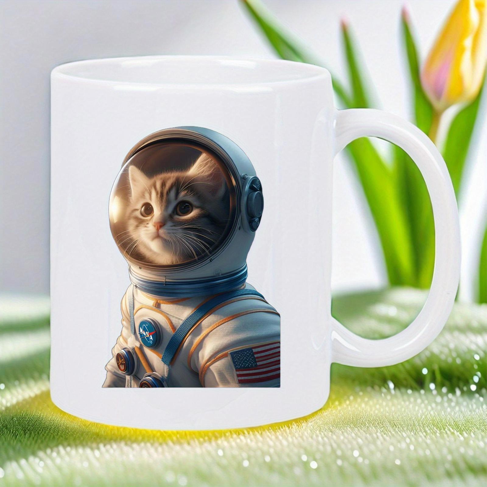 Tailorly White Ceramic 11 oz Mug - Adorable Ginger Tabby Wearing A Detailed Futuristic White Astronaut Space Suit Cat