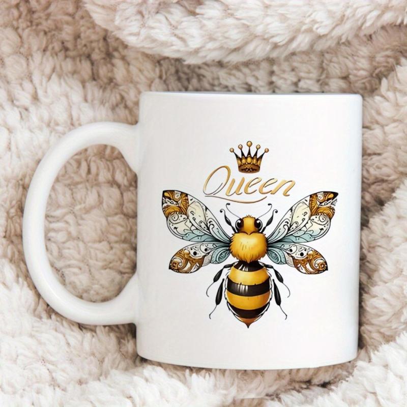 Tailorly White Ceramic 11 oz Mug - Queen Golden Royal Crown Above Detailed Vintage Ornate Winged Garden Insect Bee