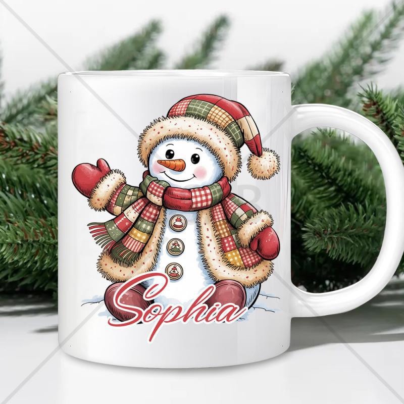 Tailorly White Ceramic 11 oz Mug - Sophia Adorable Smiling Snowman Wearing Festive Red Plaid Hat And Scarf Snowman