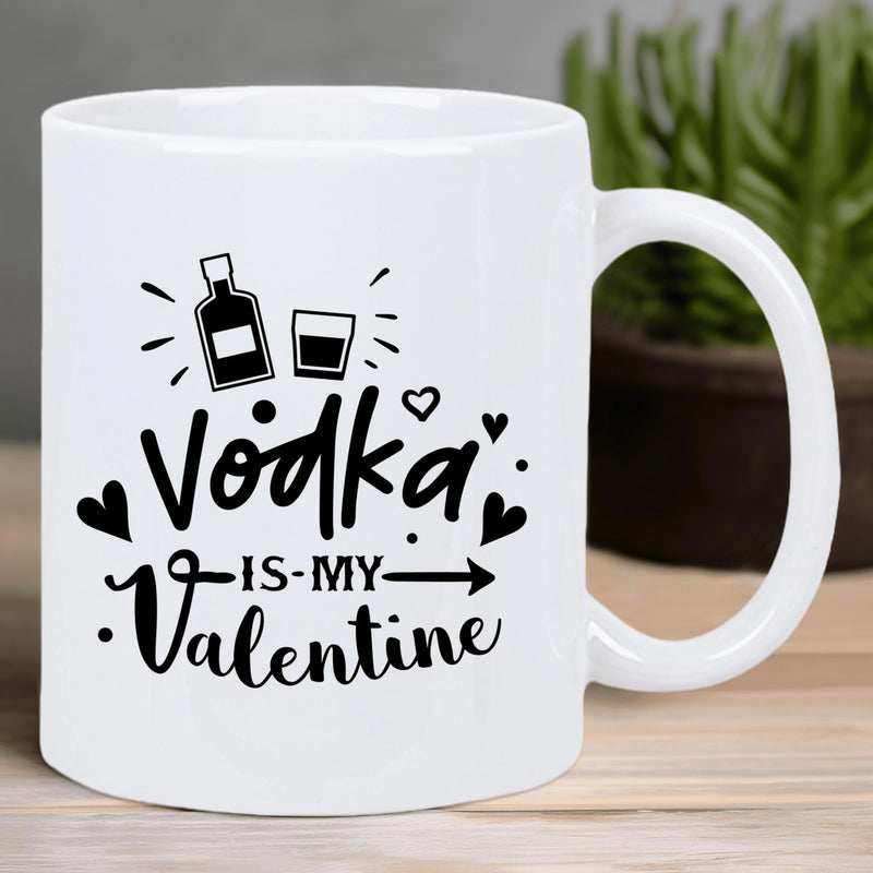 Tailorly White Ceramic 11 oz Mug - Vodka Is My Valentine Hand Drawn Liquor Bottle And Shot Glass Surrounded By Small Hearts Bottle