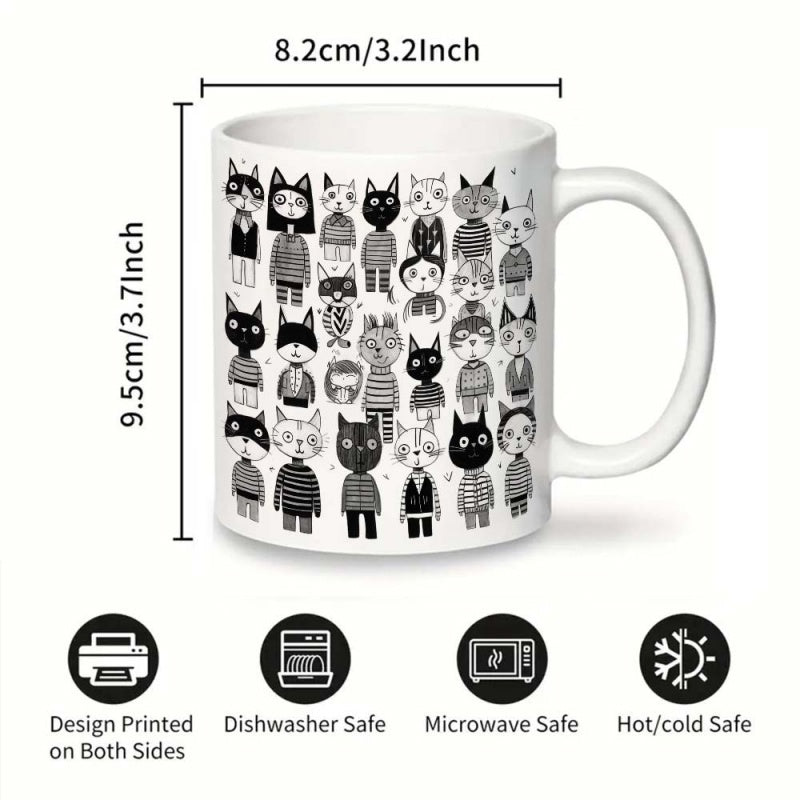 Tailorly White Ceramic 11 oz Mug - Hand Drawn Artistic Cartoon Felines Wearing Decorative Patterned Sweaters And Outfits Cats