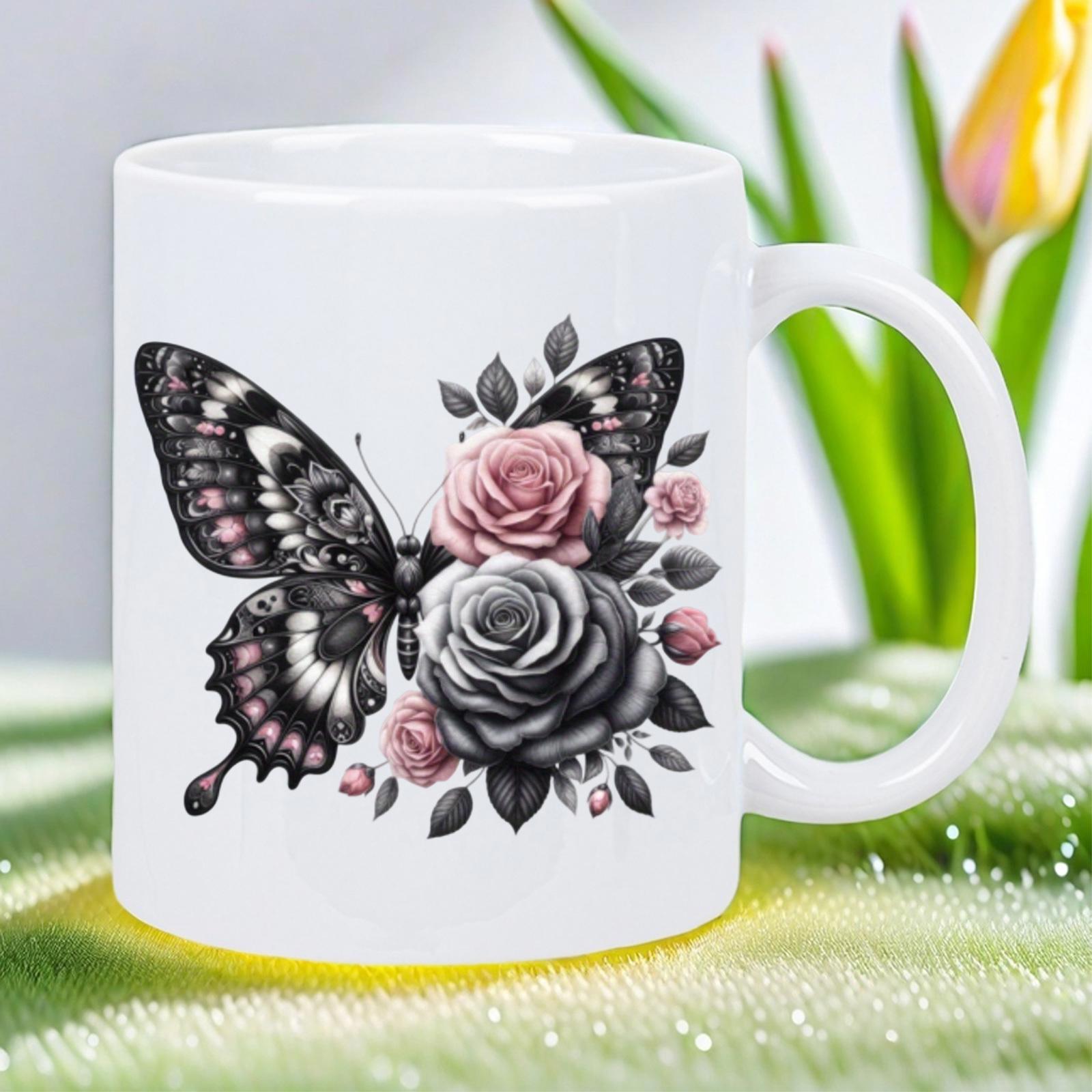 Tailorly White Ceramic 11 oz Mug - Intricate Wings Resting Gently Beside Blooming Pink And Grey Garden Roses Butterfly