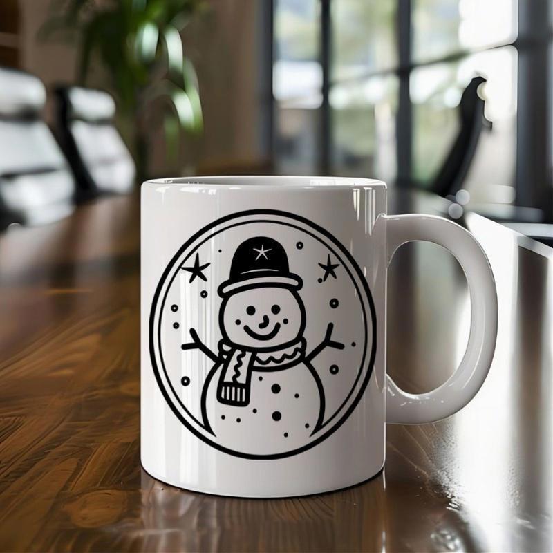 Tailorly White Ceramic 11 oz Mug - Minimalist Black Line Drawing With Smiling Winter Stars Snowman