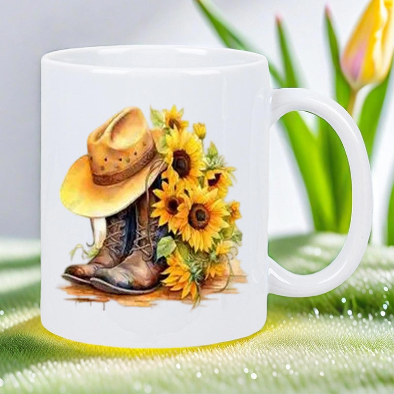 Tailorly White Ceramic 11 oz Mug - Rustic Cowboy Hat And Golden Sunflowers Beside Weathered Leather Boots