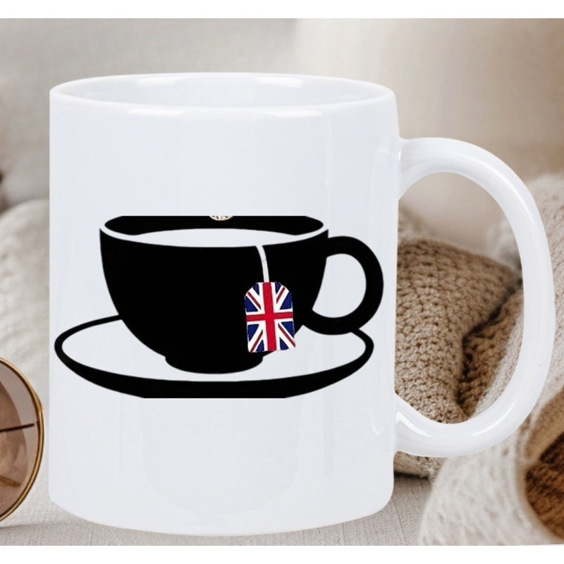 Tailorly White Ceramic 11 oz Mug - Black Silhouette Minimalist Style With British Flag Tea Bag Tag Teacup