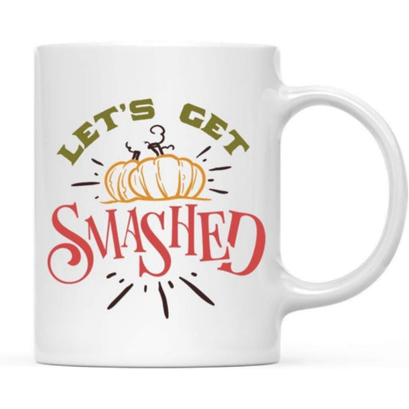 Tailorly White Ceramic 11 oz Mug - Lets Get Smashed Two Rustic Orange Hand Drawn Elements With Artistic Black Radiating Lines Pumpkin