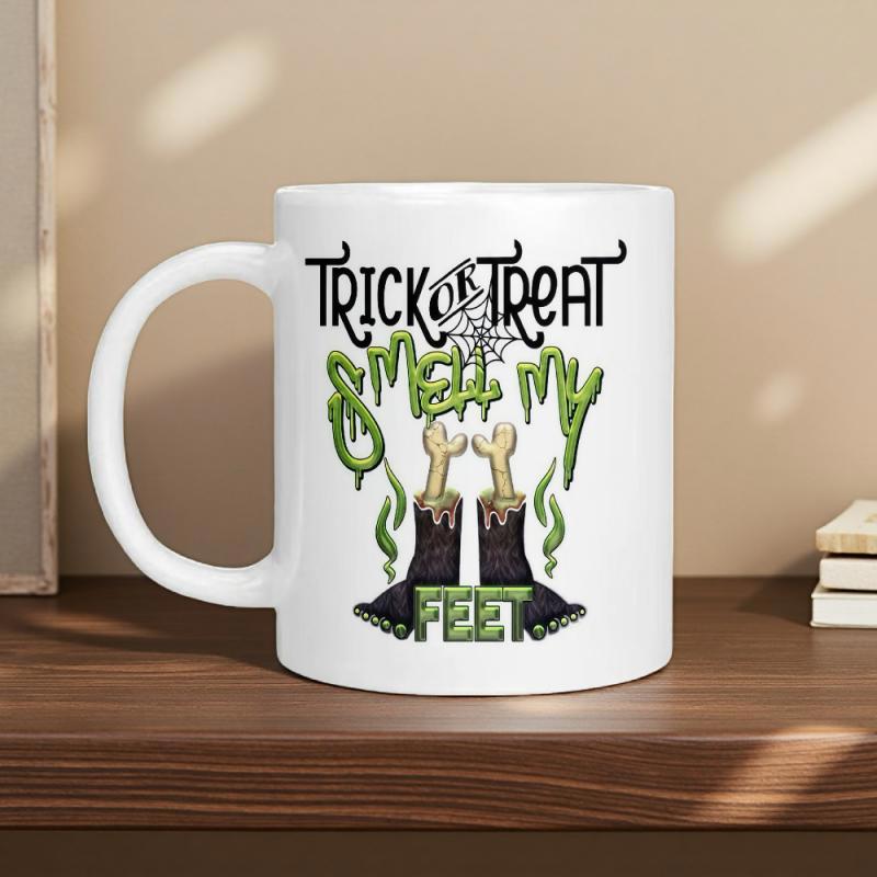 Tailorly White Ceramic 11 oz Mug - Trick Or Treat Smell My Feet Spooky Halloween Boots With Green Slime And Rising Smelly Odor Vapors Boots