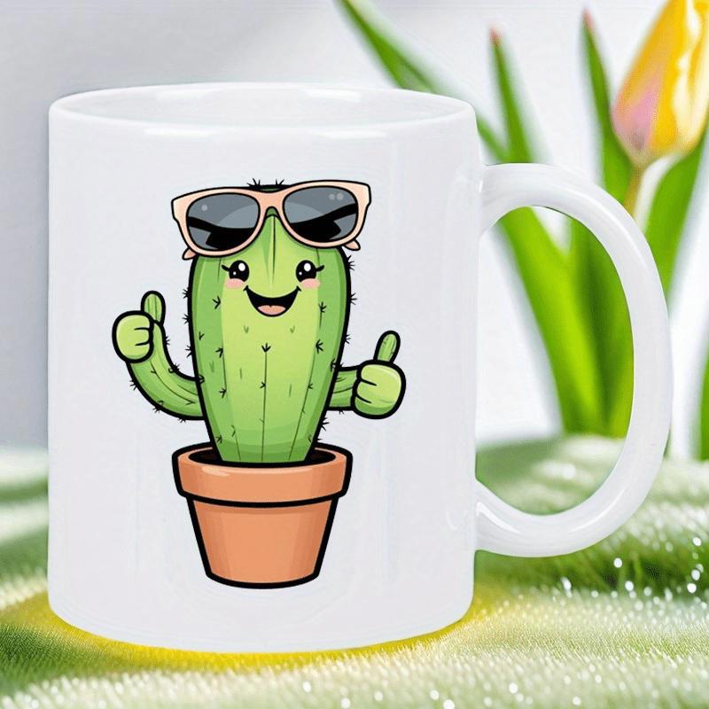 Tailorly White Ceramic 11 oz Mug - Cheerful Green Potted Plant With Stylish Sunglasses Giving Enthusiastic Double Thumbs Up Cactus