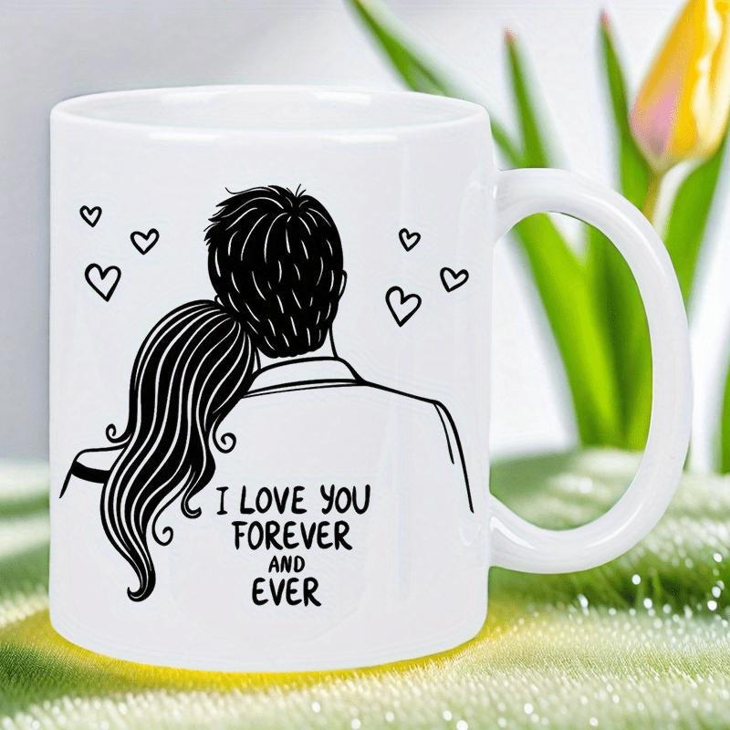 Tailorly White Ceramic 11 oz Mug - I Love You Forever And Ever Romantic Illustration Featuring A Loving Pair Embracing Under Hearts Couple