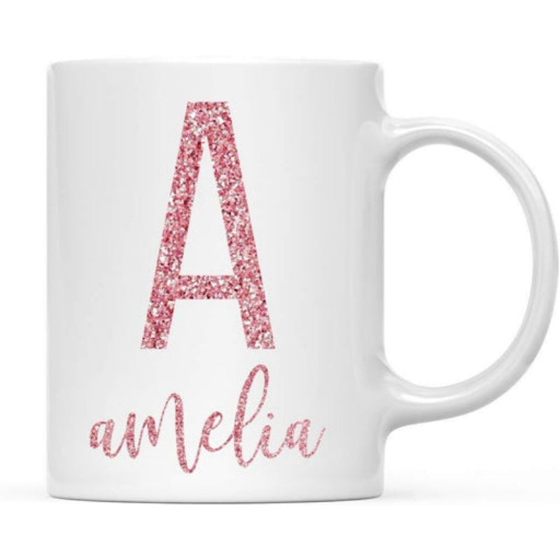 Tailorly White Ceramic 11 oz Mug - Amelia Rose Gold Glittering Initial Styled With Modern Cursive Personalized Name Mug