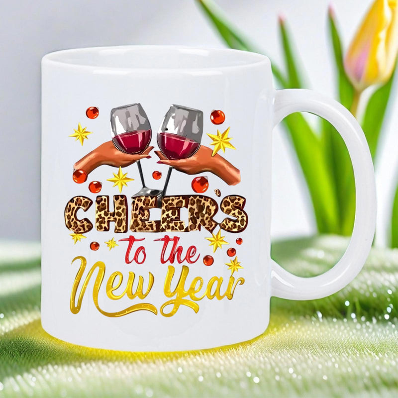 Tailorly White Ceramic 11 oz Mug - Cheers To The New Year Two Hands Toasting Red Wine Glasses With Leopard Print Pattern Text Celebration