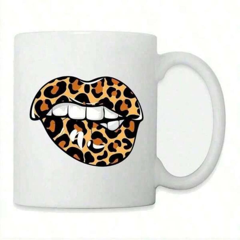 Tailorly White Ceramic 11 oz Mug - Sultry Leopard Print Pattern Biting Lower Lip Artistic Fashion Lips