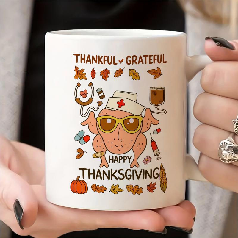 Tailorly White Ceramic 11 oz Mug - Thankful Grateful Happy Thanksgiving Wearing Medical Hat Surrounded By Fall Leaves And Stethoscope Turkey