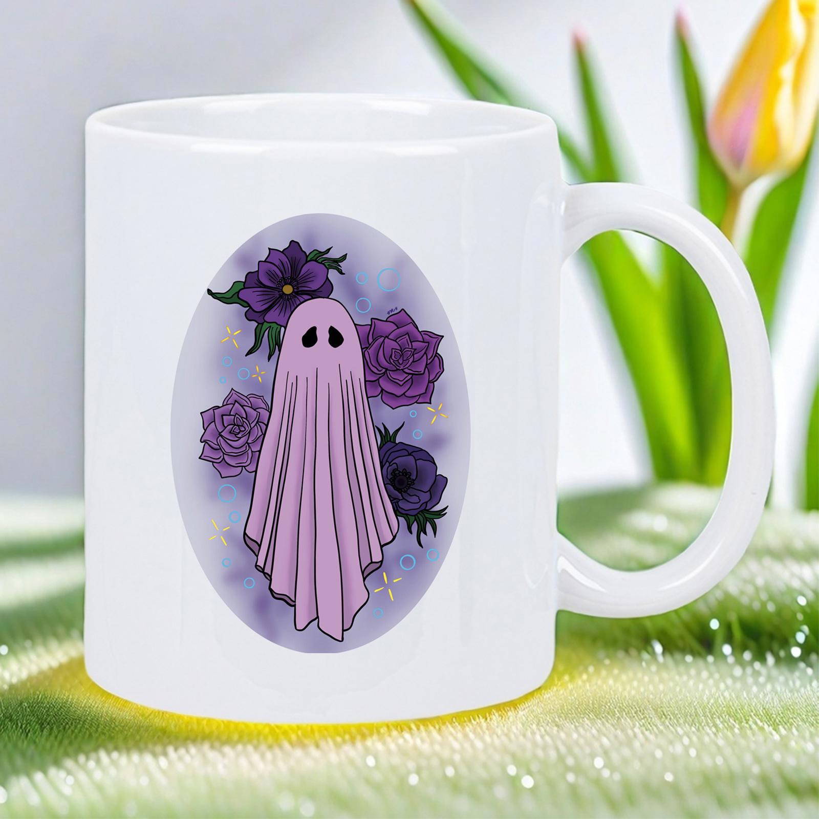 Tailorly White Ceramic 11 oz Mug - Ethereal Pink Sheet Figure Standing Among Elegant Dark Purple Floral Roses Ghost