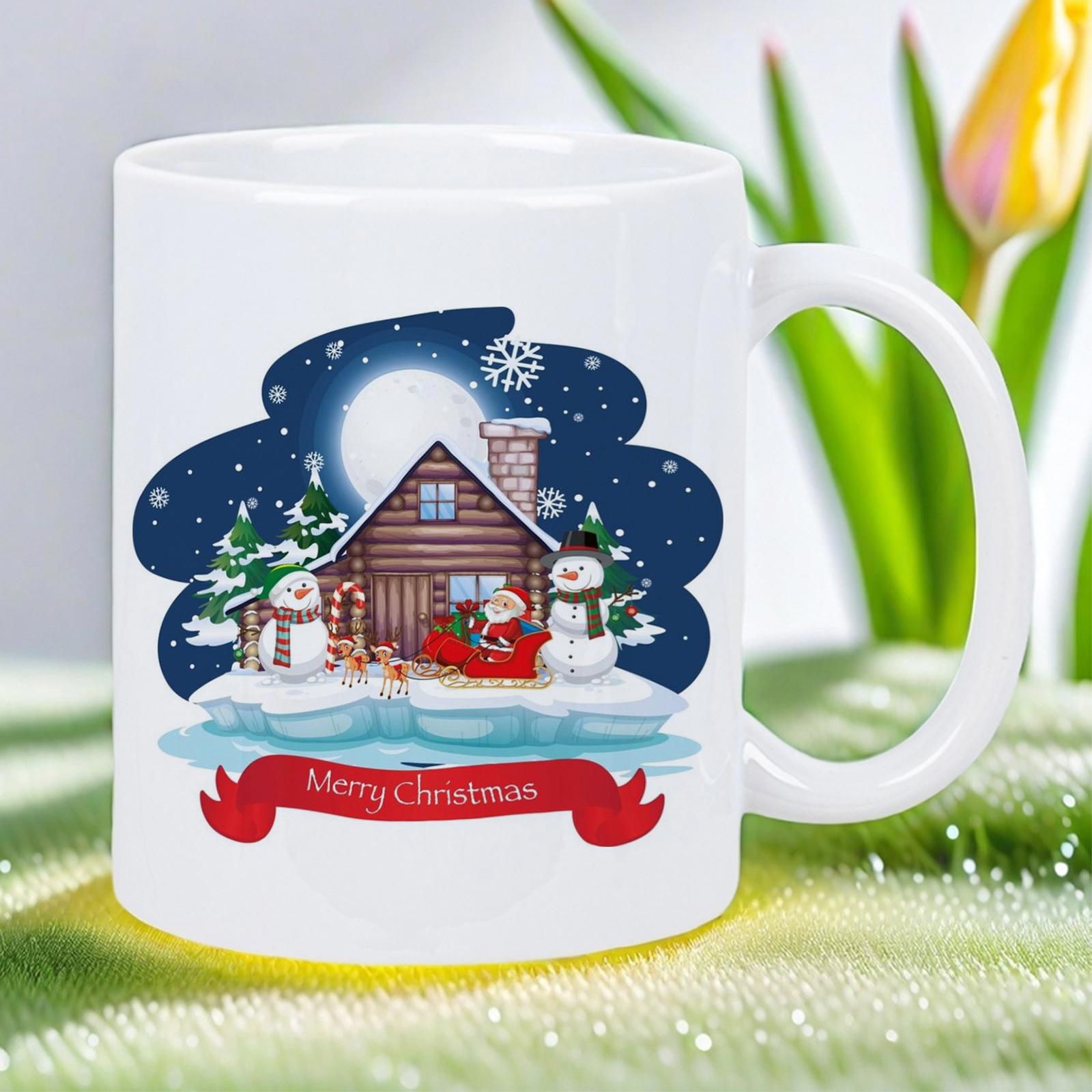 Tailorly White Ceramic 11 oz Mug - Merry Christmas Cozy Log Cabin Surrounded By Snowmen Under A Large Bright Moon Cabin