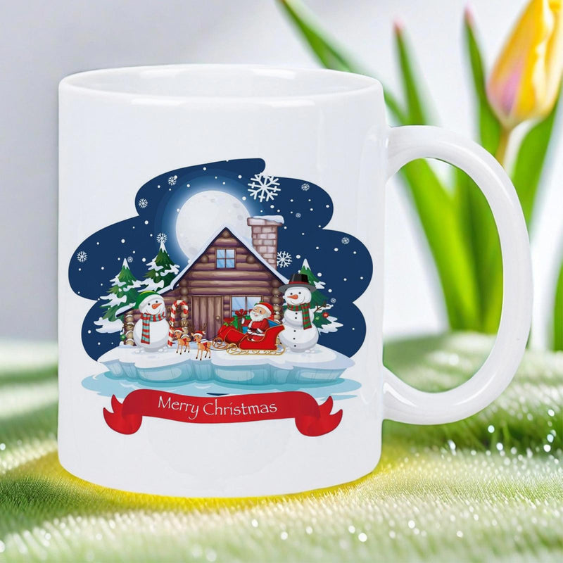 Tailorly White Ceramic 11 oz Mug - Merry Christmas Cozy Log Cabin Surrounded By Snowmen Under A Large Bright Moon Cabin