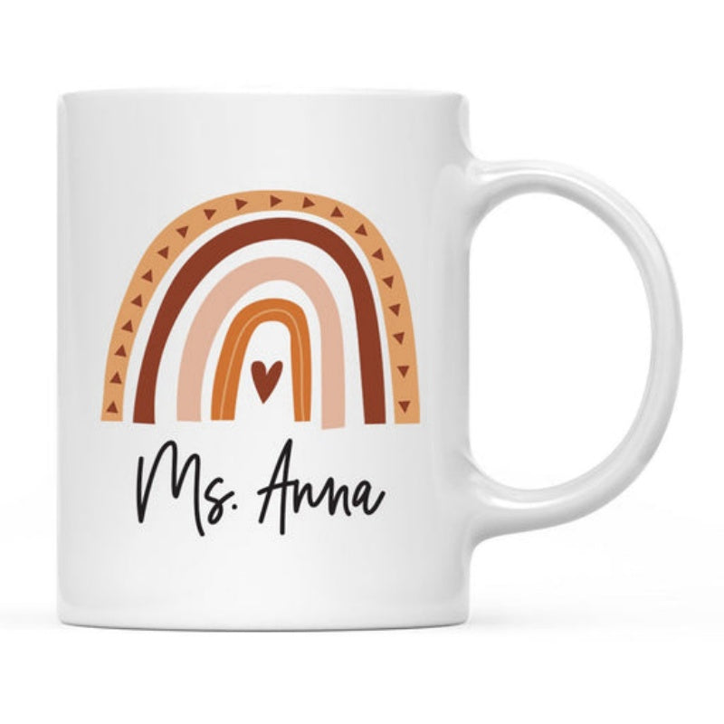 Tailorly White Ceramic 11 oz Mug - Ms Anna Earth Toned Boho Style Arches With A Small Heart Patterned Rainbow