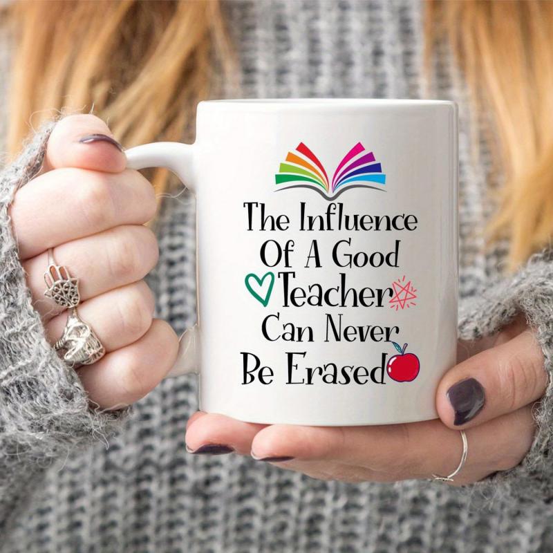 Tailorly White Ceramic 11 oz Mug - The Influence Of A Good Teacher Can Never Be Erased Vibrant Colorful Rainbow Open Book With A Red Apple Book