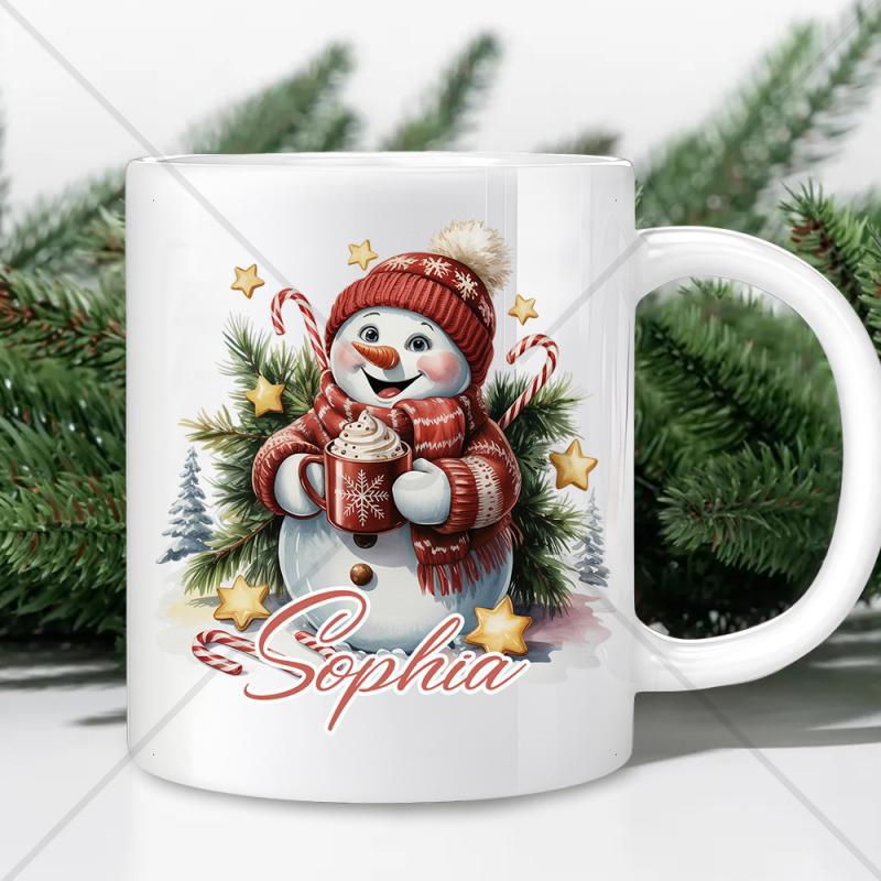 Tailorly White Ceramic 11 oz Mug - Sophia Charming Festive Winter Character Wearing Red Knitted Scarf Holding Warm Cocoa Snowman