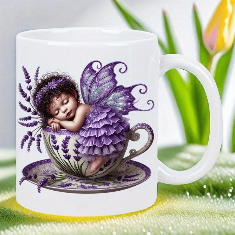 Tailorly White Ceramic 11 oz Mug - Adorable Sleeping Baby Fairy With Purple Wings Resting In Lavender Teacup Fairy