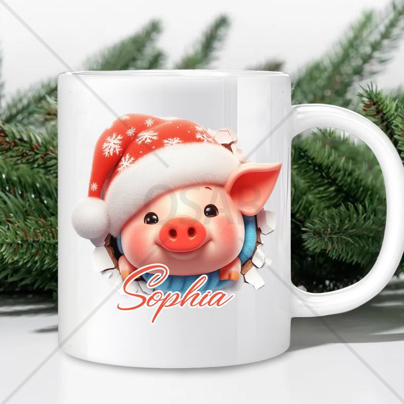 Tailorly White Ceramic 11 oz Mug - Sophia Cute Little Pig Wearing Red Festive Santa Hat Peeking From Hole Pig