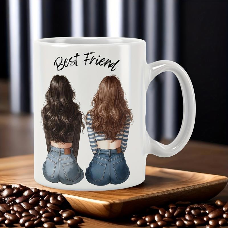 Tailorly White Ceramic 11 oz Mug - Best Friend Long Wavy Hair Women Wearing Jeans Sitting Side By Side Friends