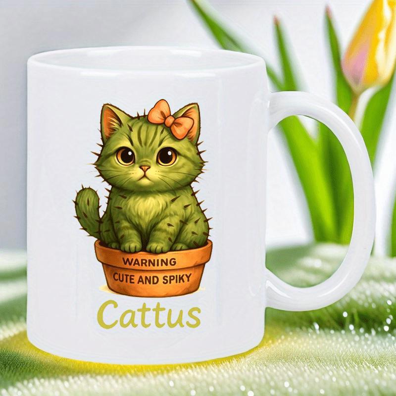 Tailorly White Ceramic 11 oz Mug - Warning Cute And Spiky Cattus Adorable Green Cactus Kitten Wearing Small Orange Bow In Clay Pot Cat