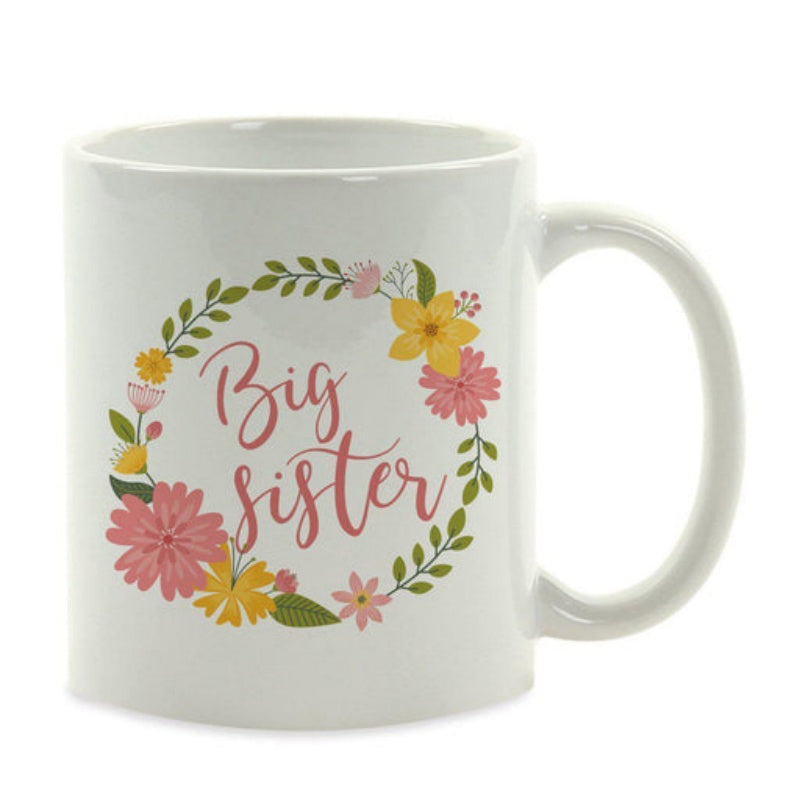 Tailorly White Ceramic 11 oz Mug - Big Sister Blooming Colorful Garden Flowers Arranged In A Circular Wreath