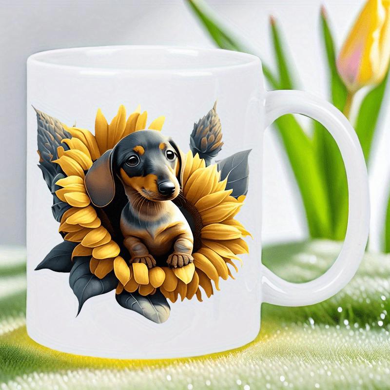 Tailorly White Ceramic 11 oz Mug - Vibrant Yellow Sunflower Petals Surrounding A Cute Tiny Little Puppy Dachshund