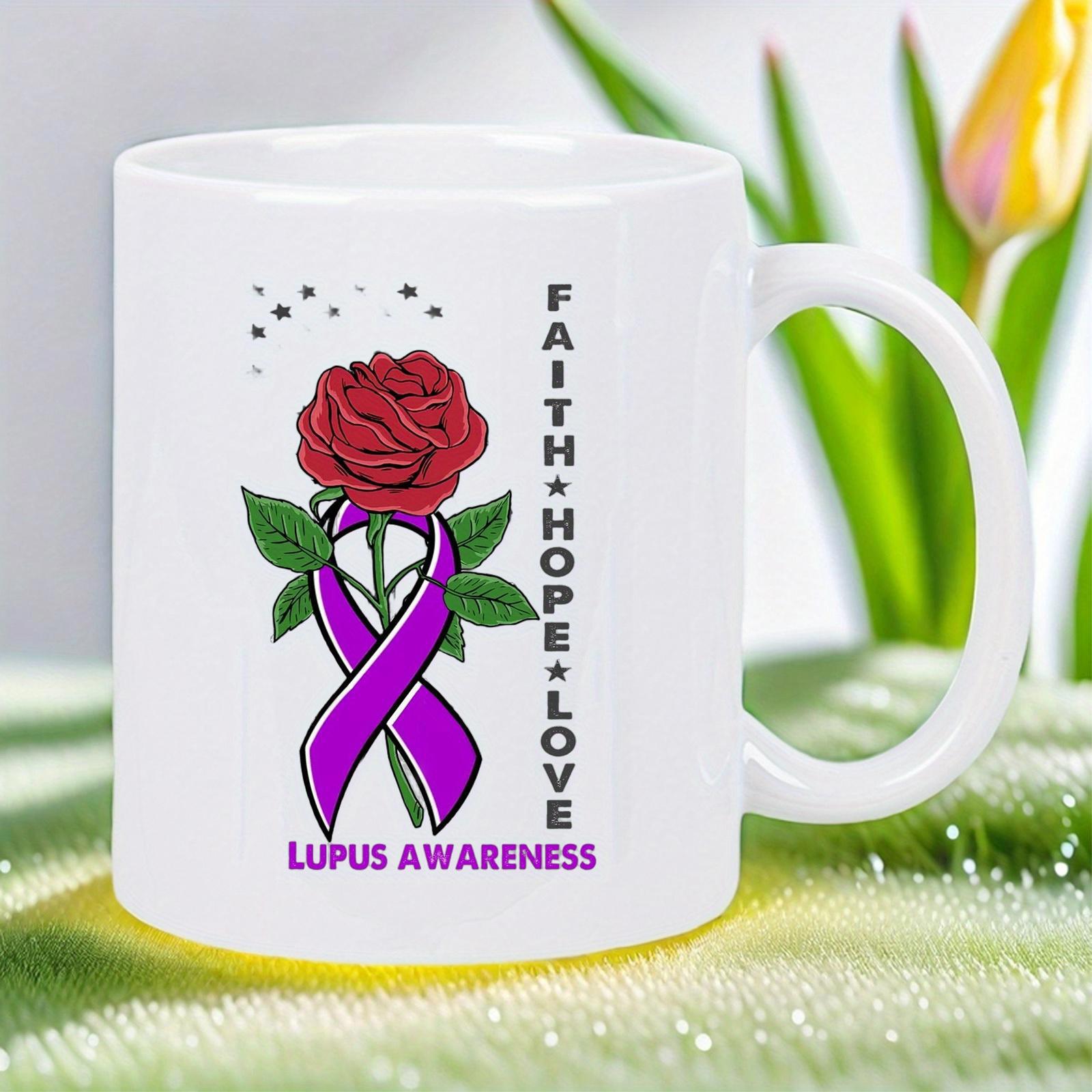 Tailorly White Ceramic 11 oz Mug - Faith Hope Love Lupus Awareness Elegant Red Rose Blooming Behind A Purple Awareness Ribbon With Leaves Rose