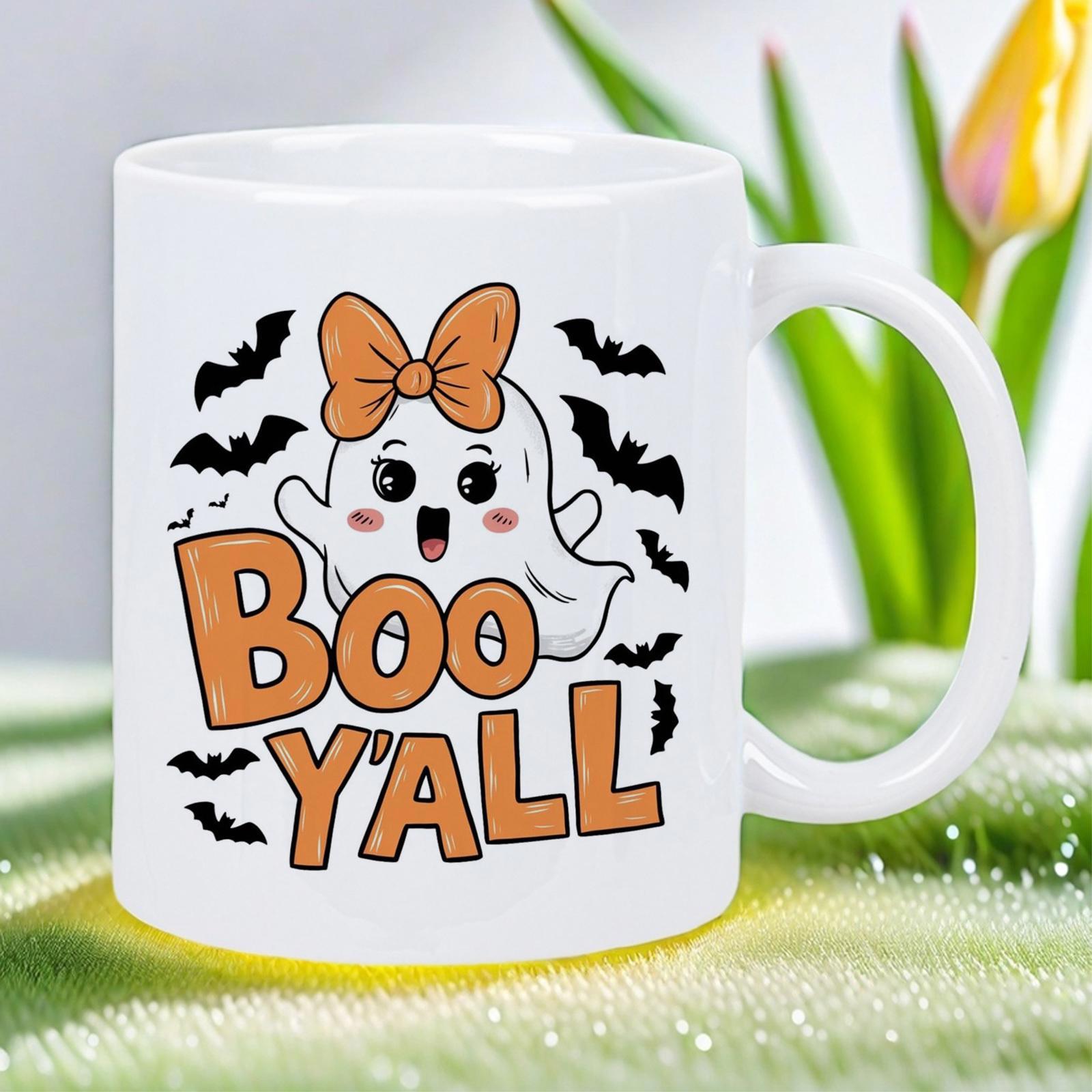 Tailorly White Ceramic 11 oz Mug - Boo Yall Cute Little Cartoon Ghost With Orange Bow Among Flying Black Bats Ghost