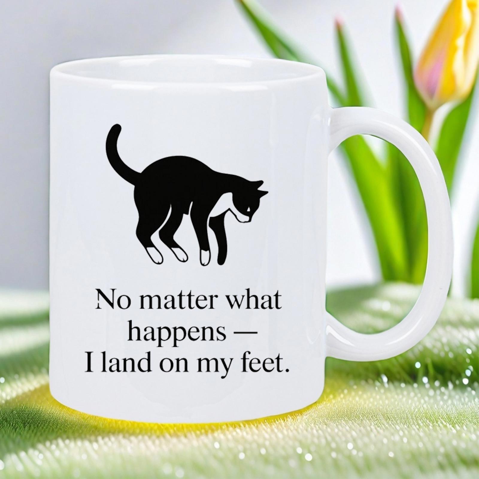Tailorly White Ceramic 11 oz Mug - No Matter What Happens I Land On My Feet Sleek Black Tuxedo Cat With White Paws Jumping Through Open Air Cat