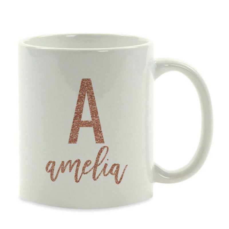 Tailorly White Ceramic 11 oz Mug - Amelia Rose Gold Glitter Texture Lettering Centered On Pure