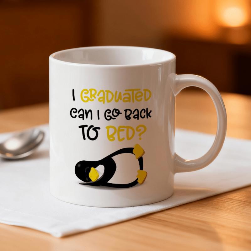 Tailorly White Ceramic 11 oz Mug - I Graduated Can I Go Back To Bed Cute Whimsical Sleeping Cartoon Penguin Lying Flat On Solid Surface Penguin