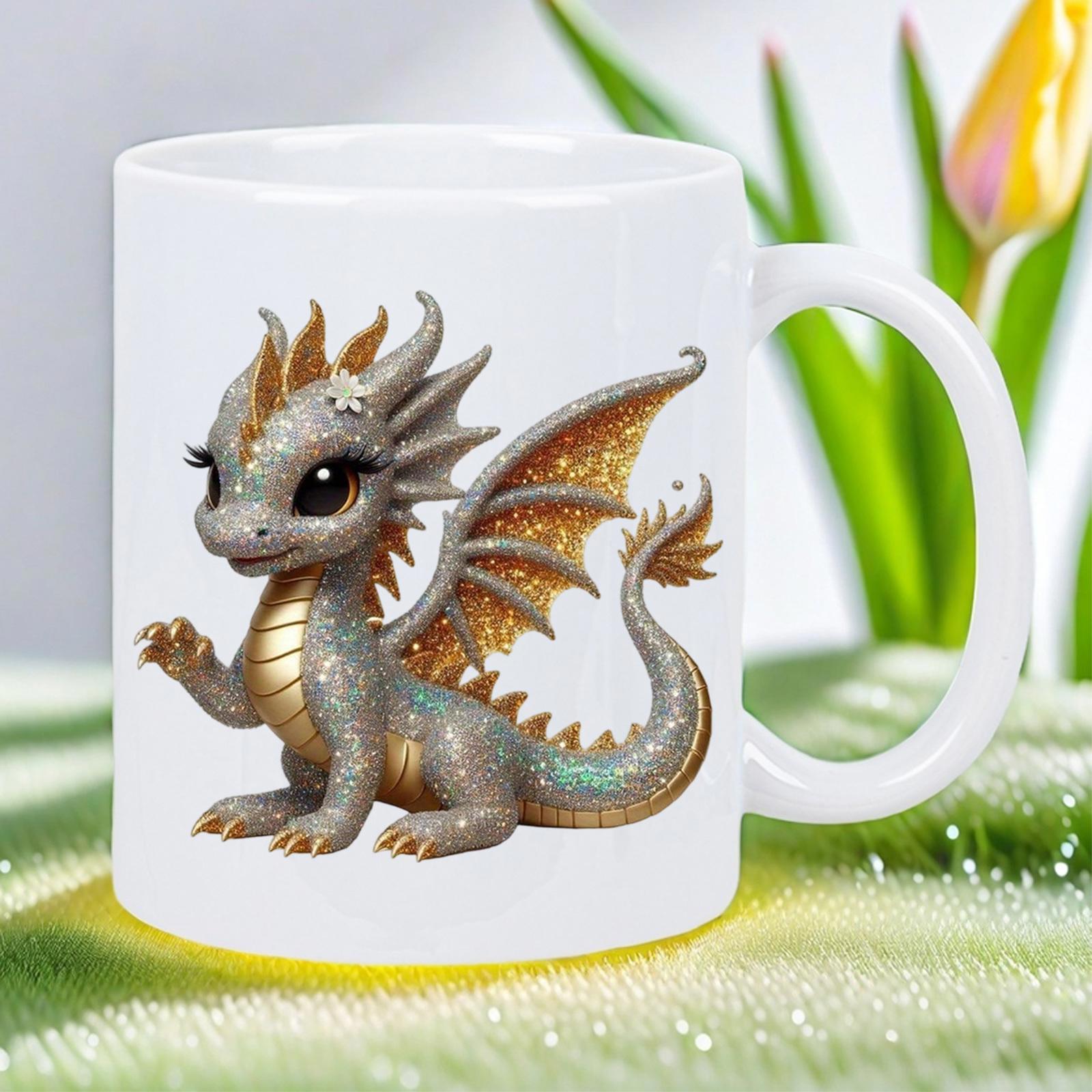 Tailorly White Ceramic 11 oz Mug - Adorable Mythical Baby With Golden Sparkling Scales And Detailed Wings Sitting Gracefully Dragon