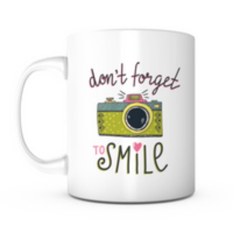 Tailorly White Ceramic 11 oz Mug - Don't Forget To Smile Vintage Style Illustration With Heart Detail Hand Drawn Camera