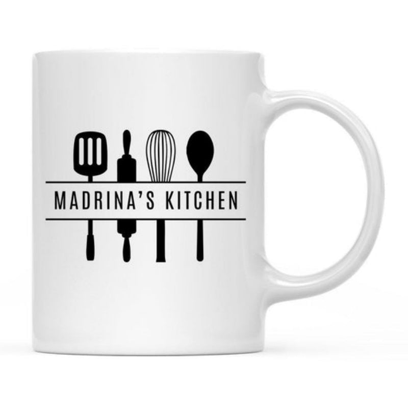 Tailorly White Ceramic 11 oz Mug - Madrinas Kitchen Minimalist Black Utensils Silhouette Arranged In A Linear Pattern Kitchenware