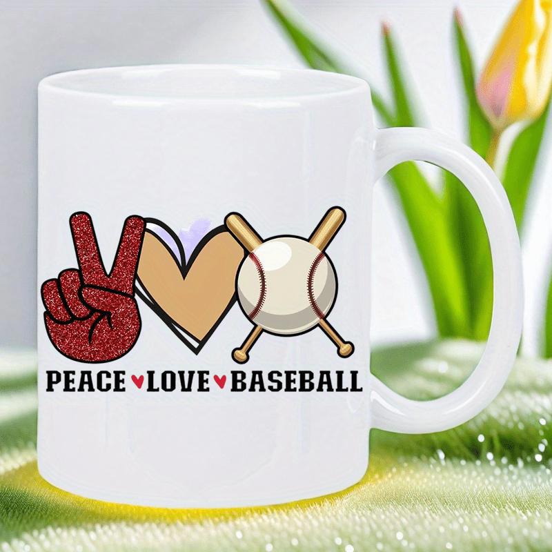 Tailorly White Ceramic 11 oz Mug - Peace Love Baseball Glittering Red Peace Hand With Tan Heart And Crossed Bats Baseball