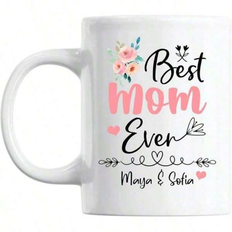 Tailorly White Ceramic 11 oz Mug - Best Mom Ever Maya Sofia Delicate Pink Floral Blooms With Decorative Hearts And Artistic Swirls Mug